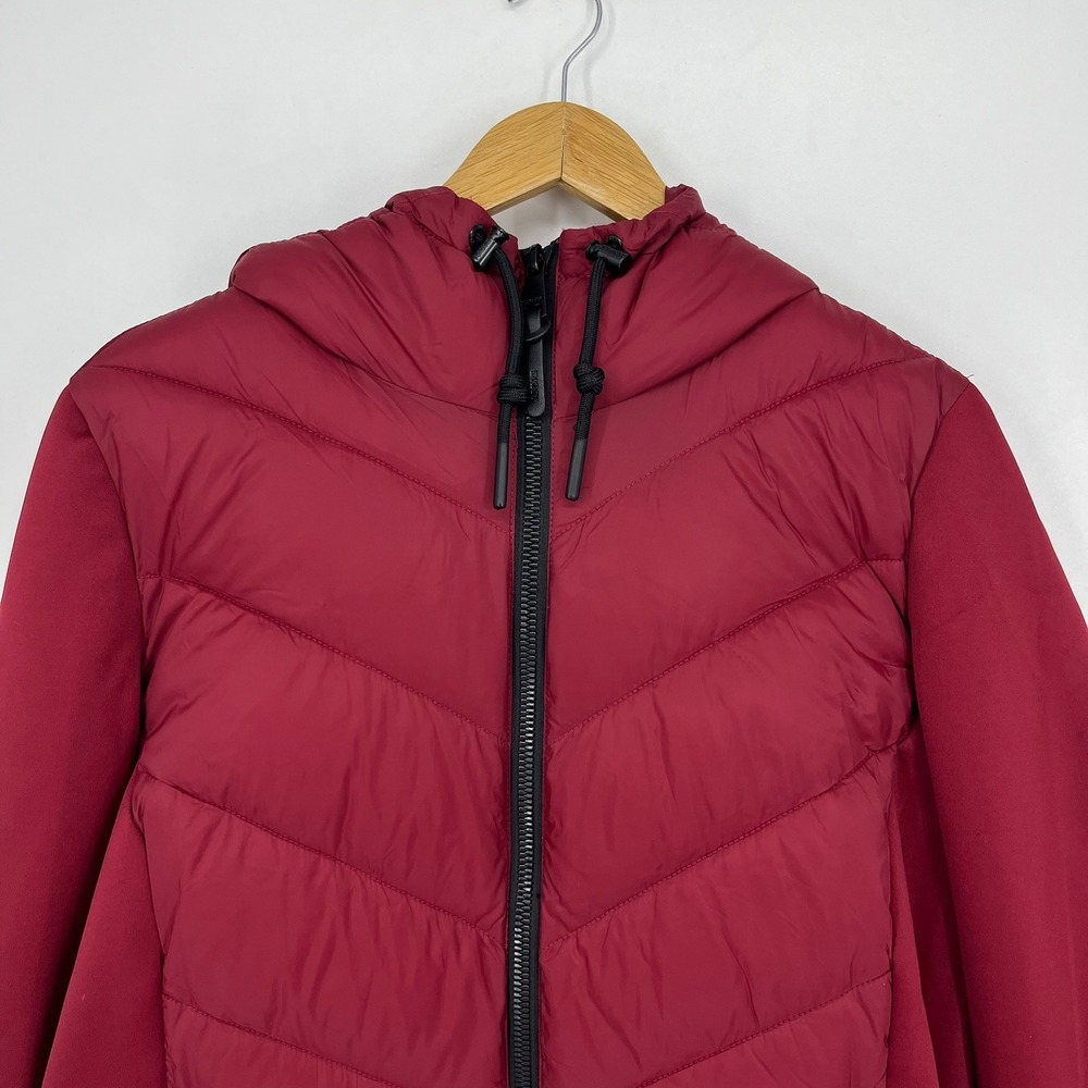 DKNY Womens Burgundy Hybrid Quilted Puffer Hooded Jacket Large Outerwear - Picture 2 of 12